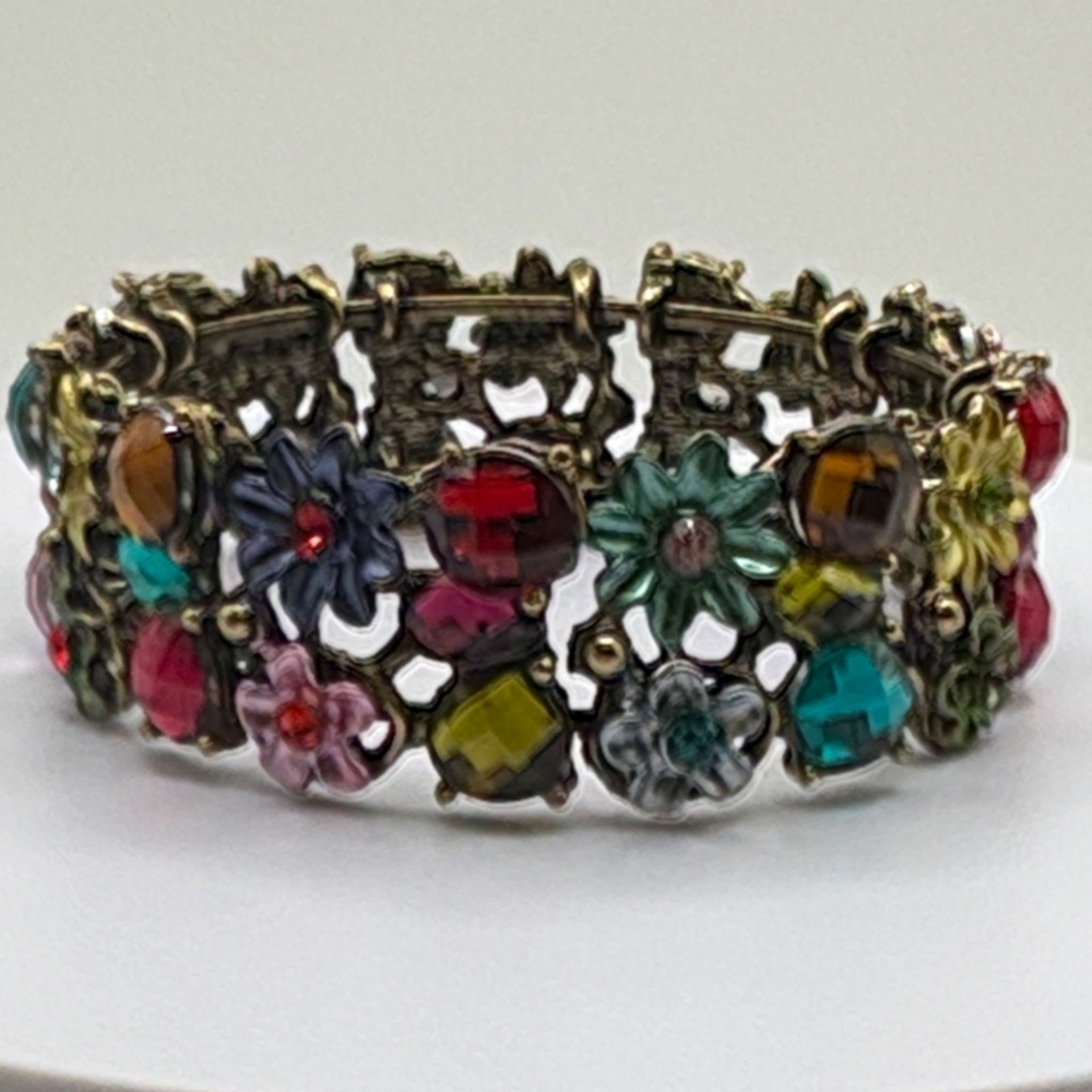 Vintage Style Floral Multicolor Crystal Clamper Bracelet Cuff - Picture 3 of 6